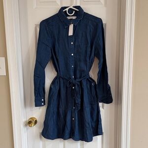 NWT LOFT Long Sleeve Navy Shirt Dress with Self Tie Waist - Tall